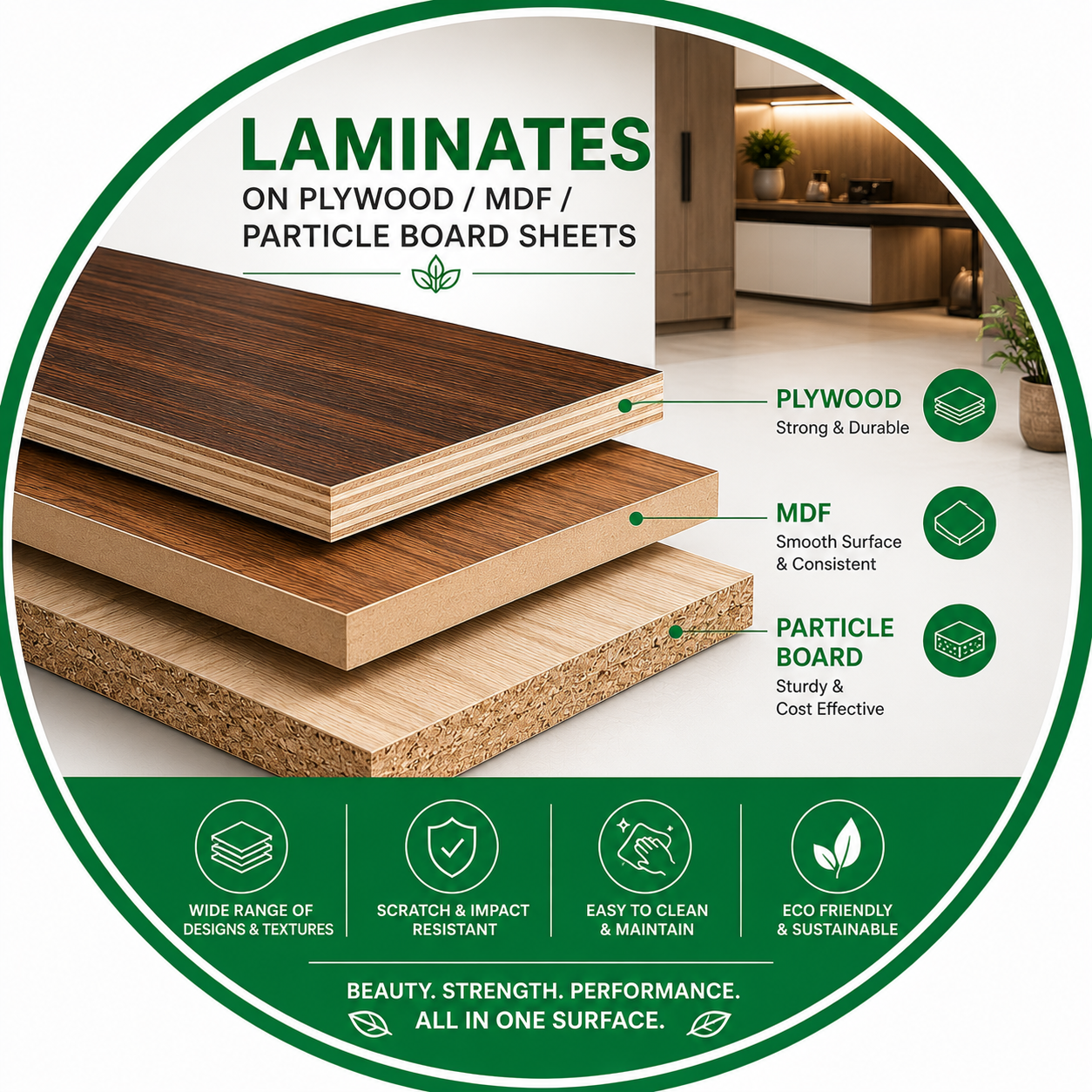 Laminates on plywood/MDF/particle board sheets